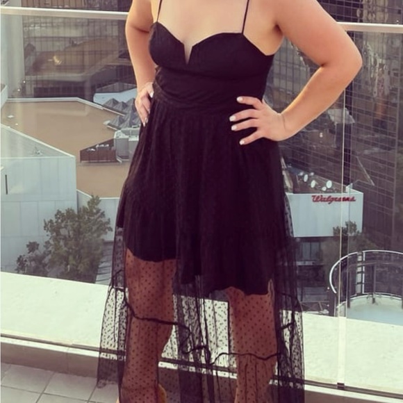 Lulus Dress ! Romantic Spot Black Polka Dot Mesh Tiered Midi Dress! - Picture 5 of 7